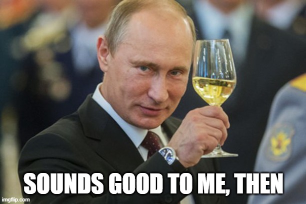 Putin Cheers | SOUNDS GOOD TO ME, THEN | image tagged in putin cheers | made w/ Imgflip meme maker