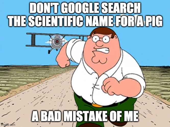 Peter Griffin running away | DON'T GOOGLE SEARCH THE SCIENTIFIC NAME FOR A PIG; A BAD MISTAKE OF ME | image tagged in peter griffin running away | made w/ Imgflip meme maker