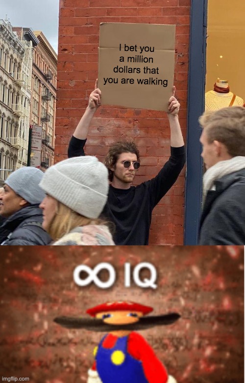 I bet you a million dollars that you are walking | image tagged in memes,guy holding cardboard sign,infinite iq | made w/ Imgflip meme maker