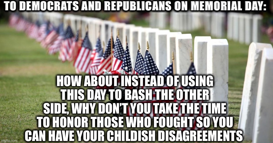 Happy Memorial Day | TO DEMOCRATS AND REPUBLICANS ON MEMORIAL DAY:; HOW ABOUT INSTEAD OF USING THIS DAY TO BASH THE OTHER SIDE, WHY DON’T YOU TAKE THE TIME TO HONOR THOSE WHO FOUGHT SO YOU CAN HAVE YOUR CHILDISH DISAGREEMENTS | image tagged in memorial day,democrats,republicans,memes,honor | made w/ Imgflip meme maker