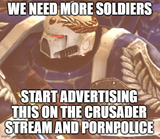 GO MY BROTHERS | WE NEED MORE SOLDIERS; START ADVERTISING THIS ON THE CRUSADER STREAM AND PORNPOLICE | image tagged in what,warhammer40k | made w/ Imgflip meme maker