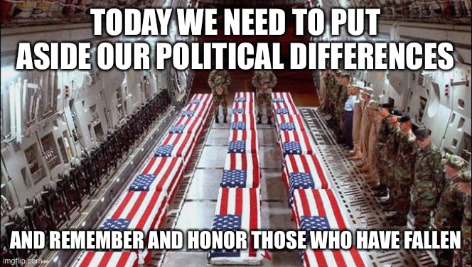 Military caskets | TODAY WE NEED TO PUT ASIDE OUR POLITICAL DIFFERENCES; AND REMEMBER AND HONOR THOSE WHO HAVE FALLEN | image tagged in military caskets | made w/ Imgflip meme maker
