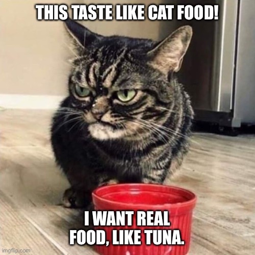 Mad Cat | THIS TASTE LIKE CAT FOOD! I WANT REAL FOOD, LIKE TUNA. | image tagged in mad cat | made w/ Imgflip meme maker