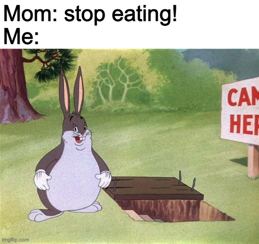 never |  Mom: stop eating!
Me: | image tagged in big chungus,eat,big,rabbit,mom,me | made w/ Imgflip meme maker