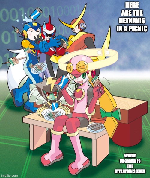 Cyberworld Picnic | HERE ARE THE NETNAVIS IN A PICNIC; WHERE MEGAMAN IS THE ATTENTION SEEKER | image tagged in megaman,megaman battle network,memes | made w/ Imgflip meme maker