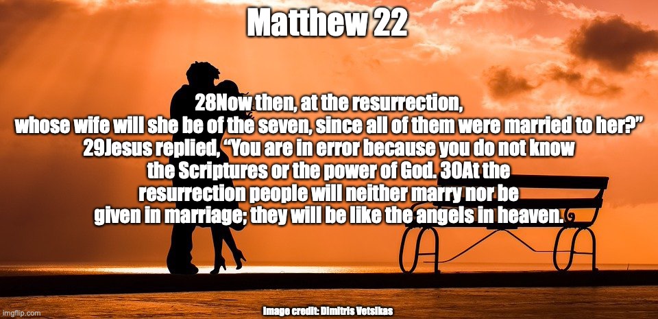 She's My Wife, Dig? | 28Now then, at the resurrection, whose wife will she be of the seven, since all of them were married to her?”

29Jesus replied, “You are in error because you do not know the Scriptures or the power of God. 30At the resurrection people will neither marry nor be given in marriage; they will be like the angels in heaven. Matthew 22; Image credit: Dimitris Vetsikas | image tagged in betrothed to christ | made w/ Imgflip meme maker