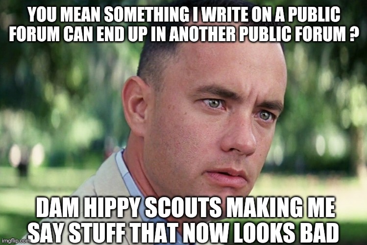 And Just Like That | YOU MEAN SOMETHING I WRITE ON A PUBLIC FORUM CAN END UP IN ANOTHER PUBLIC FORUM ? DAM HIPPY SCOUTS MAKING ME SAY STUFF THAT NOW LOOKS BAD | image tagged in memes,and just like that | made w/ Imgflip meme maker