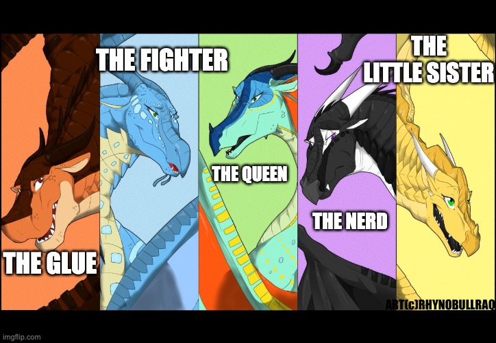 the dragonnettes of wof (please use five for best) |  THE LITTLE SISTER; THE FIGHTER; THE QUEEN; THE NERD; THE GLUE | image tagged in the dragonnettes of wof please use five for best | made w/ Imgflip meme maker