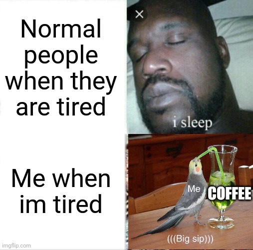 Bigbig sip | Normal people when they are tired; Me when im tired; COFFEE | image tagged in memes,sleeping shaq | made w/ Imgflip meme maker