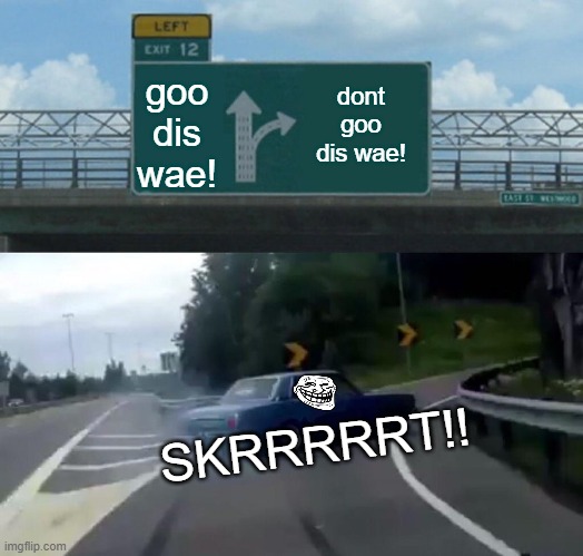 Left Exit 12 Off Ramp Meme | dont goo dis wae! goo dis wae! SKRRRRRT!! | image tagged in memes,left exit 12 off ramp | made w/ Imgflip meme maker