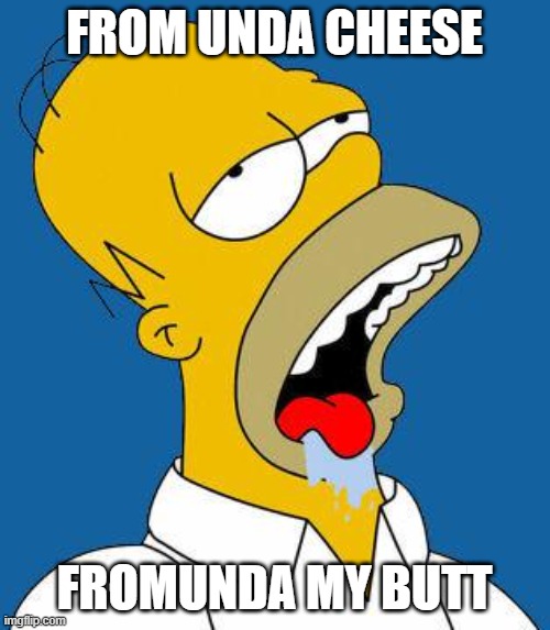 Homer Drooling | FROM UNDA CHEESE FROMUNDA MY BUTT | image tagged in homer drooling | made w/ Imgflip meme maker