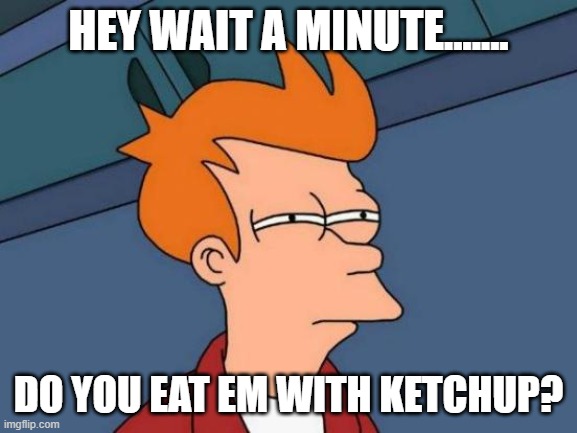 Futurama Fry Meme | HEY WAIT A MINUTE....... DO YOU EAT EM WITH KETCHUP? | image tagged in memes,futurama fry | made w/ Imgflip meme maker