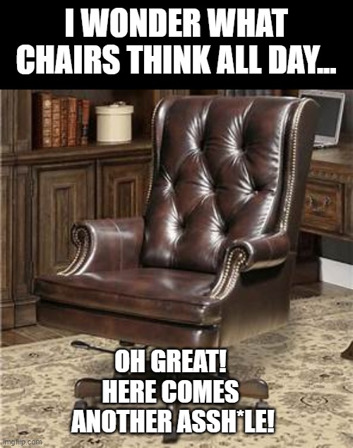 Thinking chair | I WONDER WHAT CHAIRS THINK ALL DAY... OH GREAT! 
HERE COMES 
ANOTHER ASSH*LE! | image tagged in jokes | made w/ Imgflip meme maker