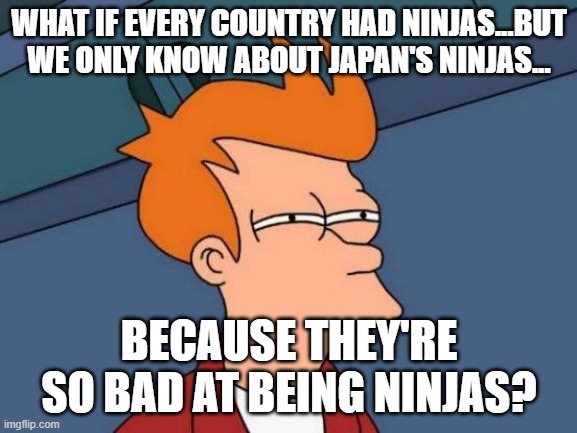 hMmmmMmm.. | WHAT IF EVERY COUNTRY HAD NINJAS...BUT WE ONLY KNOW ABOUT JAPAN'S NINJAS... BECAUSE THEY'RE SO BAD AT BEING NINJAS? | image tagged in memes,futurama fry,ninjas | made w/ Imgflip meme maker