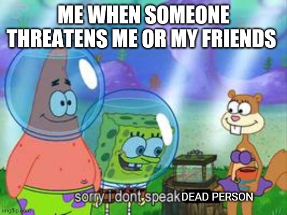 Sorry I don't speak ____ | ME WHEN SOMEONE THREATENS ME OR MY FRIENDS; DEAD PERSON | image tagged in sorry i don't speak ____ | made w/ Imgflip meme maker