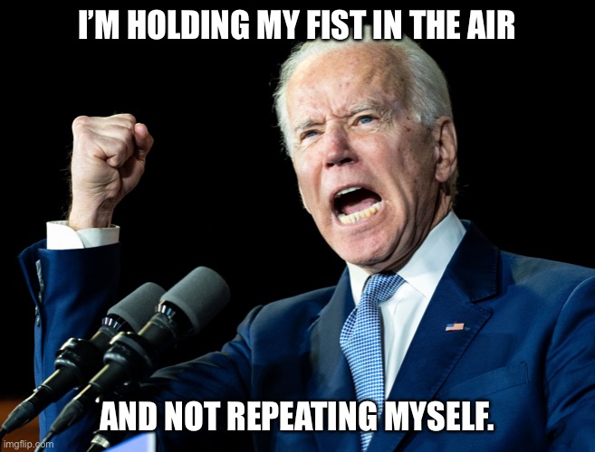 Joe Biden's fist | I’M HOLDING MY FIST IN THE AIR; AND NOT REPEATING MYSELF. | image tagged in joe biden's fist | made w/ Imgflip meme maker