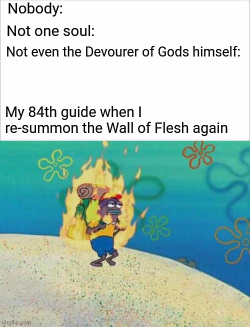 Terraria Inside Joke I Guess | Nobody:; Not one soul:; Not even the Devourer of Gods himself:; My 84th guide when I re-summon the Wall of Flesh again | image tagged in backpack guy on fire spongebob,terraria,spongebob,gaming | made w/ Imgflip meme maker