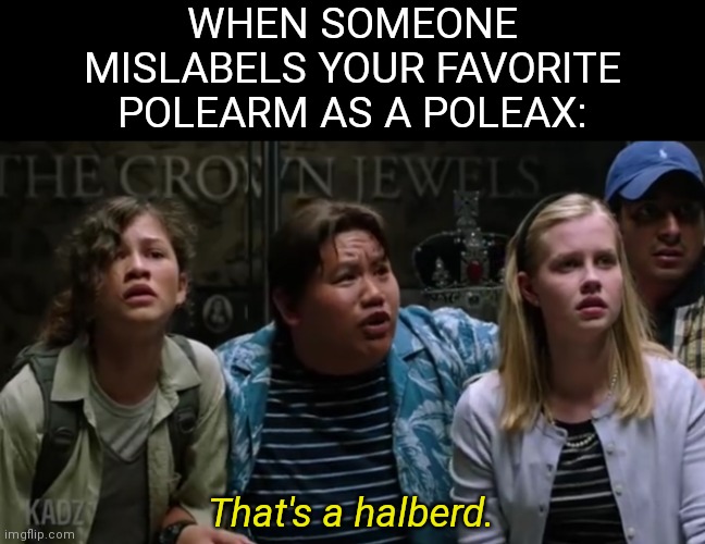 Well, my actual favorite polearm is the Billhook, but that's aside the point. | WHEN SOMEONE MISLABELS YOUR FAVORITE POLEARM AS A POLEAX:; That's a halberd. | image tagged in halberd,polearms,poleax,spiderman | made w/ Imgflip meme maker