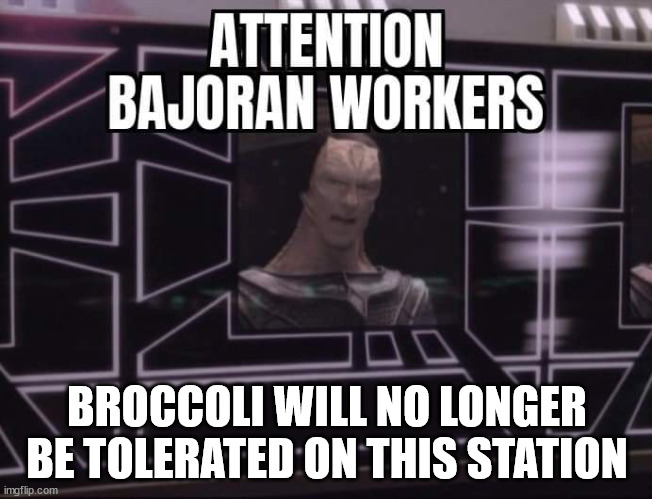 dukat02 | BROCCOLI WILL NO LONGER BE TOLERATED ON THIS STATION | image tagged in star trek deep space nine gul dukat attention bajoran workers | made w/ Imgflip meme maker