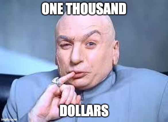 dr evil pinky | ONE THOUSAND; DOLLARS | image tagged in dr evil pinky | made w/ Imgflip meme maker