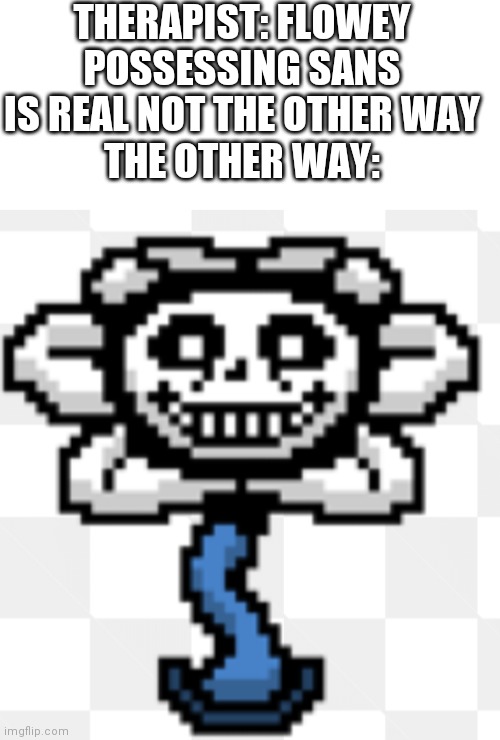 THERAPIST: FLOWEY POSSESSING SANS IS REAL NOT THE OTHER WAY
THE OTHER WAY: | image tagged in blank white template | made w/ Imgflip meme maker