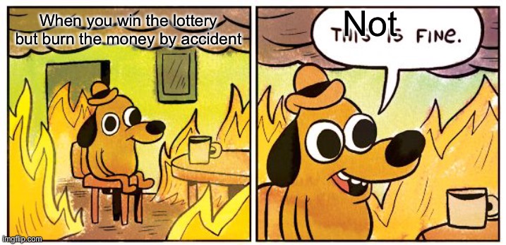 Wow | Not; When you win the lottery but burn the money by accident | image tagged in memes,this is fine | made w/ Imgflip meme maker