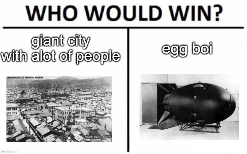 Who Would Win? | giant city with alot of people; egg boi | image tagged in memes,who would win | made w/ Imgflip meme maker