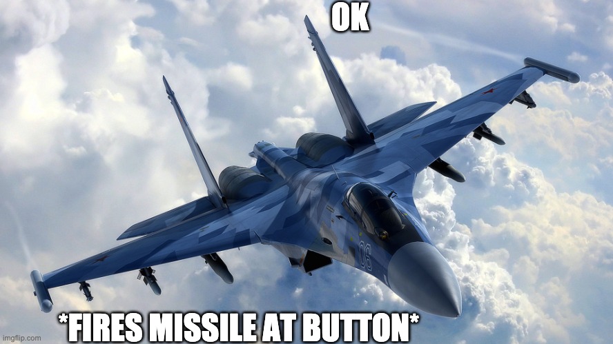 Fighter Jet | OK *FIRES MISSILE AT BUTTON* | image tagged in fighter jet | made w/ Imgflip meme maker