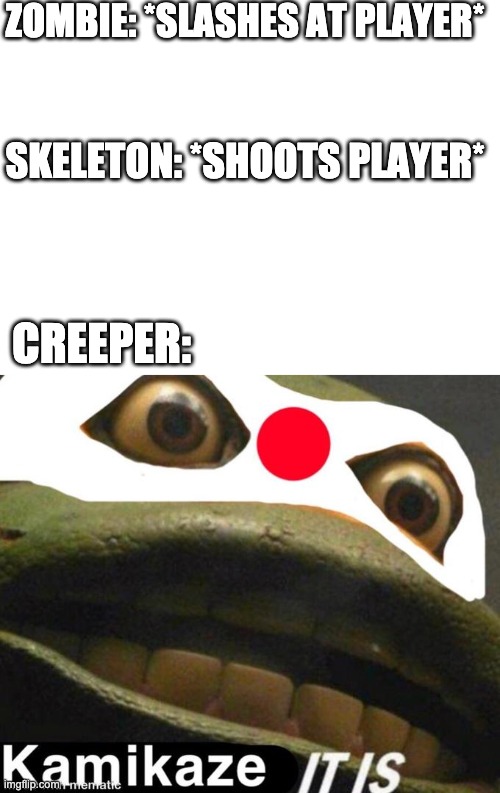  ZOMBIE: *SLASHES AT PLAYER*; SKELETON: *SHOOTS PLAYER*; CREEPER: | image tagged in blank white template,kamikaze | made w/ Imgflip meme maker