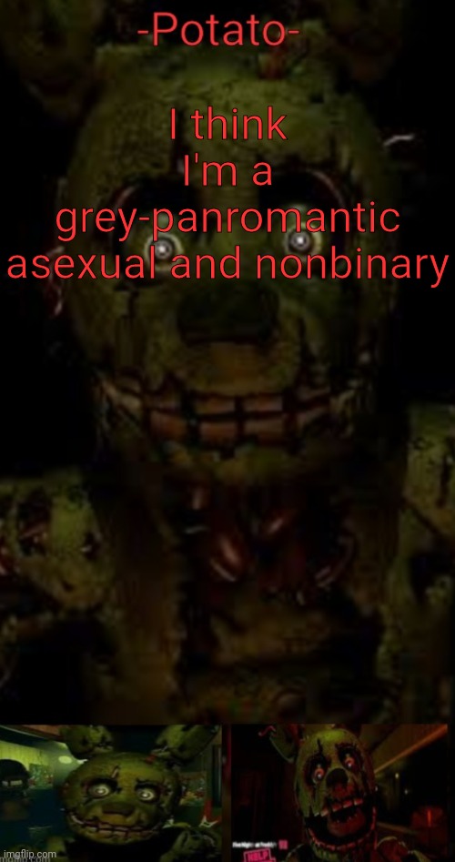 I was doing research so now I'm questioning this | I think I'm a grey-panromantic asexual and nonbinary | image tagged in -potato- fnaf 3 springtrap announcement | made w/ Imgflip meme maker