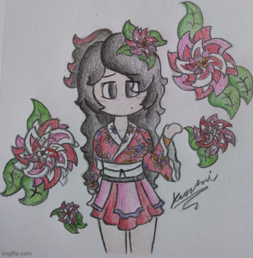 I drew a traditionally dressed Japanese girl with some flowers, I really like how this turned out tbh :) | image tagged in princevince64,cute,oc,character,original character | made w/ Imgflip meme maker