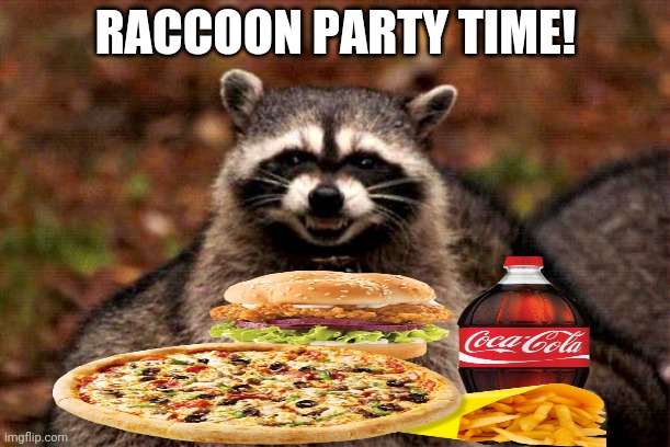 Evil raccoon needs snax! | RACCOON PARTY TIME! | image tagged in memes,evil plotting raccoon,snacks,party time | made w/ Imgflip meme maker