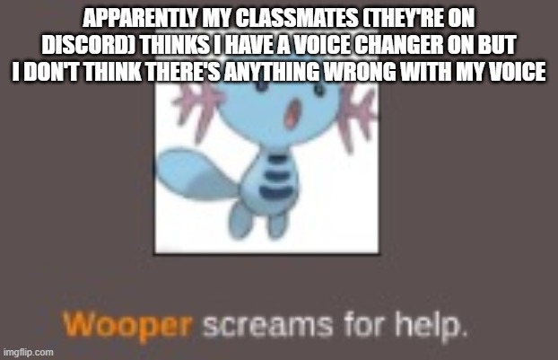 Huh? | APPARENTLY MY CLASSMATES (THEY'RE ON DISCORD) THINKS I HAVE A VOICE CHANGER ON BUT I DON'T THINK THERE'S ANYTHING WRONG WITH MY VOICE | image tagged in wooper screams for help | made w/ Imgflip meme maker