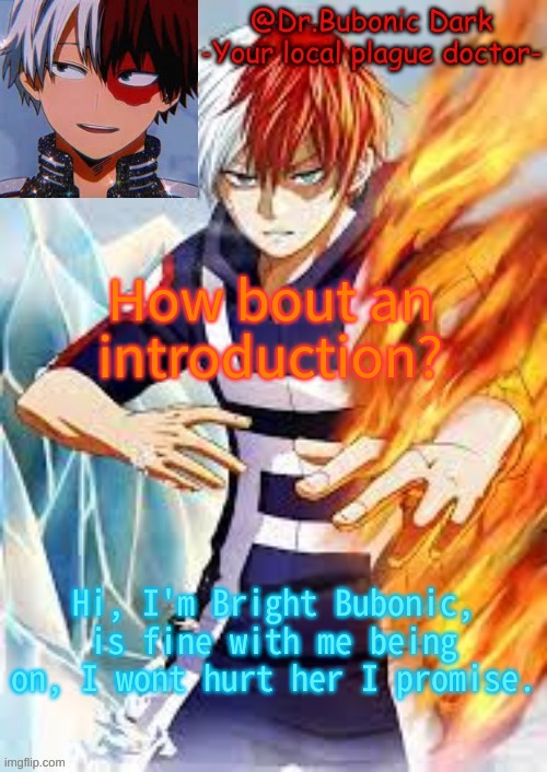 How bout an introduction? Hi, I'm Bright Bubonic, is fine with me being on, I wont hurt her I promise. | image tagged in bubonics todoroki temp | made w/ Imgflip meme maker