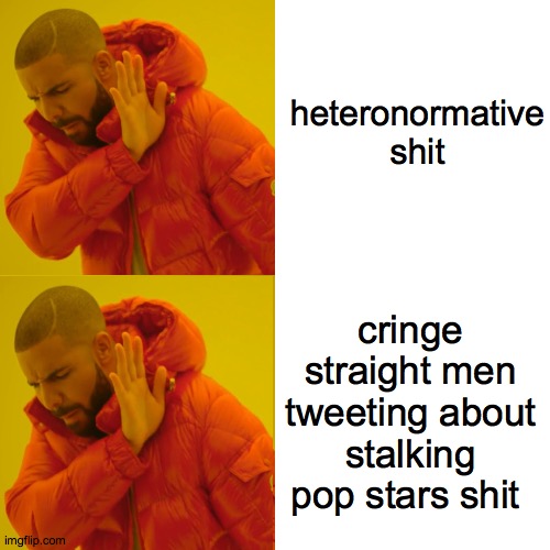 Drake Hotline Bling Meme | heteronormative shit; cringe straight men tweeting about stalking pop stars shit | image tagged in memes,drake hotline bling | made w/ Imgflip meme maker