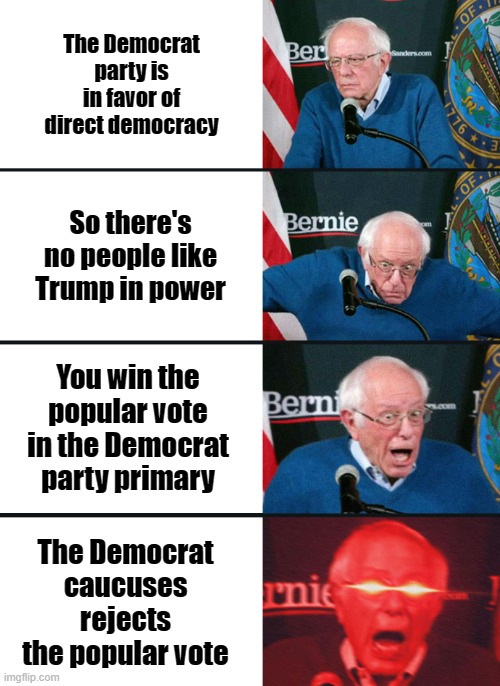 Bernie will have to use the Sanders on this rotting stump of a cherry tree | The Democrat party is in favor of direct democracy; So there's no people like Trump in power; You win the popular vote in the Democrat party primary; The Democrat caucuses rejects the popular vote | image tagged in bernie sanders reaction nuked,political meme,democrats,liberal hypocrisy | made w/ Imgflip meme maker