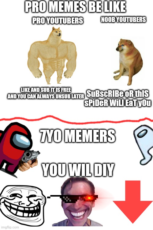 PRO MEMES BE LIKE; NOOB YOUTUBERS; PRO YOUTUBERS; LIKE AND SUB IT IS FREE AND YOU CAN ALWAYS UNSUB LATER; SuBscRIBe oR thIS sPiDeR WiLl EaT yOu; 7YO MEMERS; YOU WIL DIY | image tagged in blank white template | made w/ Imgflip meme maker