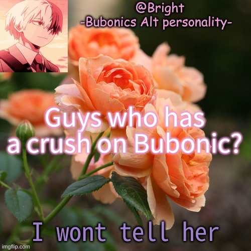 I keep secrets :D | Guys who has a crush on Bubonic? I wont tell her | image tagged in a tempo for bright d | made w/ Imgflip meme maker