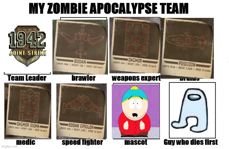 1942 joint strike, South Park, and among us zombie apocalypse | image tagged in my zombie apocalypse team | made w/ Imgflip meme maker