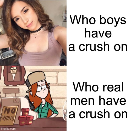  Who boys have a crush on; Who real men have a crush on | image tagged in memes,twitch,gravity falls,wendy,dipper pines,mabel pines | made w/ Imgflip meme maker