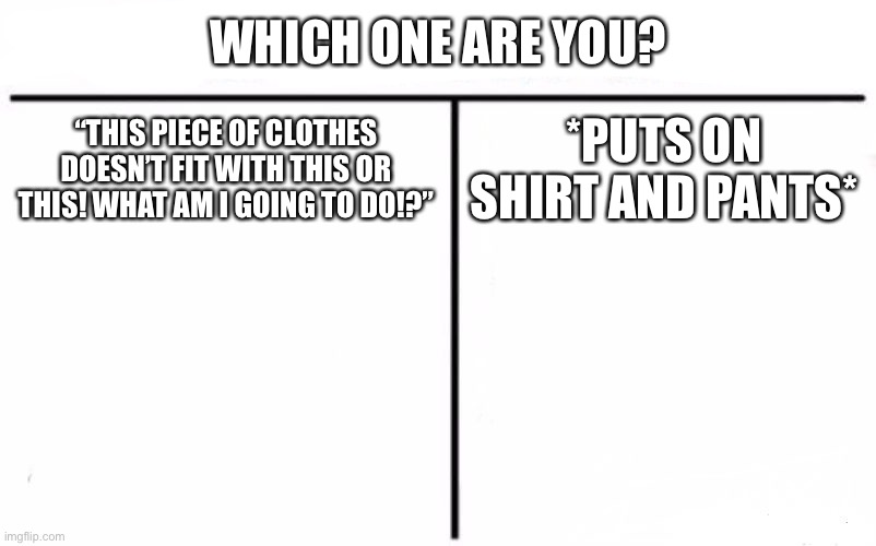 Who Would Win? | WHICH ONE ARE YOU? “THIS PIECE OF CLOTHES DOESN’T FIT WITH THIS OR THIS! WHAT AM I GOING TO DO!?”; *PUTS ON SHIRT AND PANTS* | image tagged in memes,who would win | made w/ Imgflip meme maker