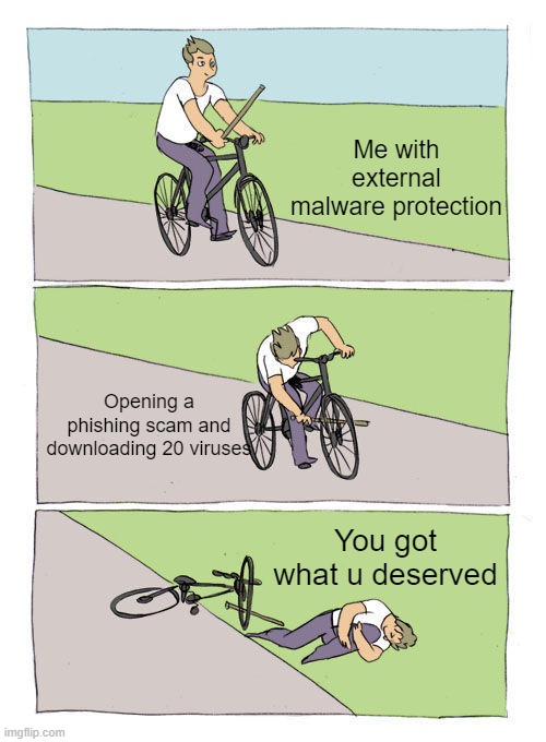 Fall of an epic | Me with external malware protection; Opening a phishing scam and downloading 20 viruses; You got what u deserved | image tagged in memes,bike fall | made w/ Imgflip meme maker