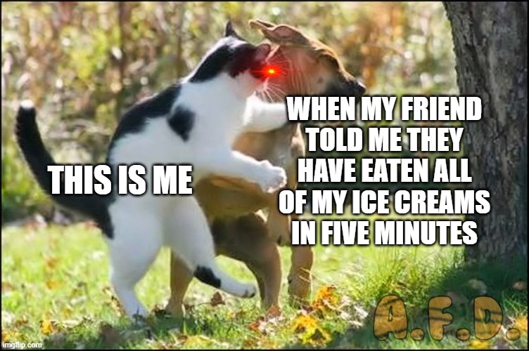 Cat Slap dog | WHEN MY FRIEND TOLD ME THEY HAVE EATEN ALL OF MY ICE CREAMS IN FIVE MINUTES; THIS IS ME | image tagged in cat slap dog | made w/ Imgflip meme maker