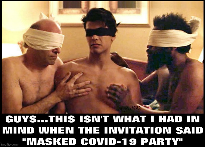 image tagged in coronavirus,covid-19,lgbtq,mask,blindfold,parties | made w/ Imgflip meme maker