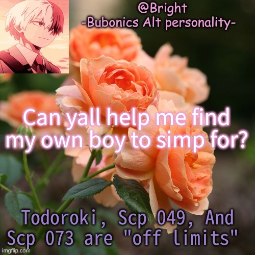 Can yall help me find my own boy to simp for? Todoroki, Scp 049, And Scp 073 are "off limits" | image tagged in a tempo for bright d | made w/ Imgflip meme maker