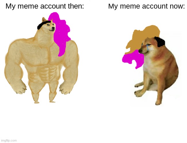 Buff Doge vs. Cheems | My meme account then:; My meme account now: | image tagged in memes,buff doge vs cheems,memeaccount,thennow,oof,help | made w/ Imgflip meme maker