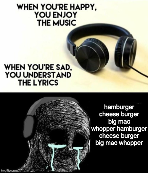 SAD | hamburger cheese burger big mac whopper hamburger cheese burger big mac whopper | image tagged in when your sad you understand the lyrics | made w/ Imgflip meme maker