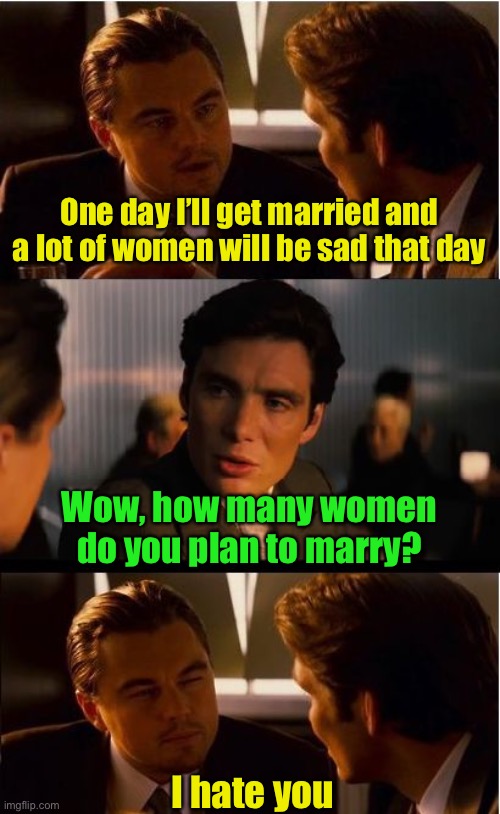 Heartbreaker | One day I’ll get married and a lot of women will be sad that day; Wow, how many women do you plan to marry? I hate you | image tagged in memes,inception | made w/ Imgflip meme maker