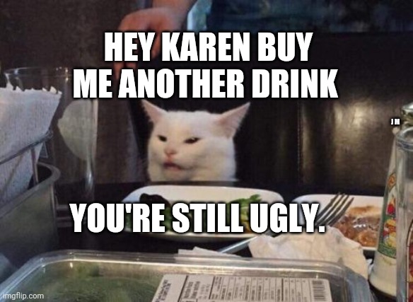 Salad cat | HEY KAREN BUY ME ANOTHER DRINK; J M; YOU'RE STILL UGLY. | image tagged in salad cat | made w/ Imgflip meme maker