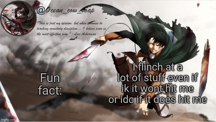 I have a reason lol | Fun fact:; I flinch at a lot of stuff even if ik it wont hit me or idc if it does hit me | image tagged in soap's levi temp | made w/ Imgflip meme maker